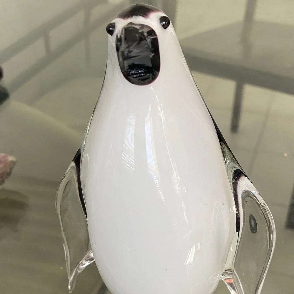 White and Black Glass Penguin Figurine for Aquarium Décor